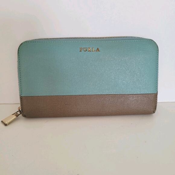 Furla Wallet Large Teal Blue Gray Two Block Genuine Leather Italian Zip Around - Picture 1 of 13